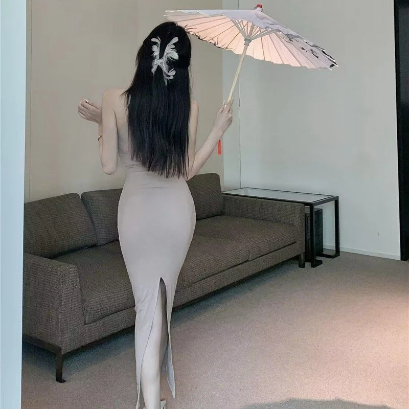 2025 Zomer Mouwloze Sexy Split Billen Jurk voor Vrouwen Koreaanse Mode Slim Fit en Afslanken Temperament Elegante Lange Jurk