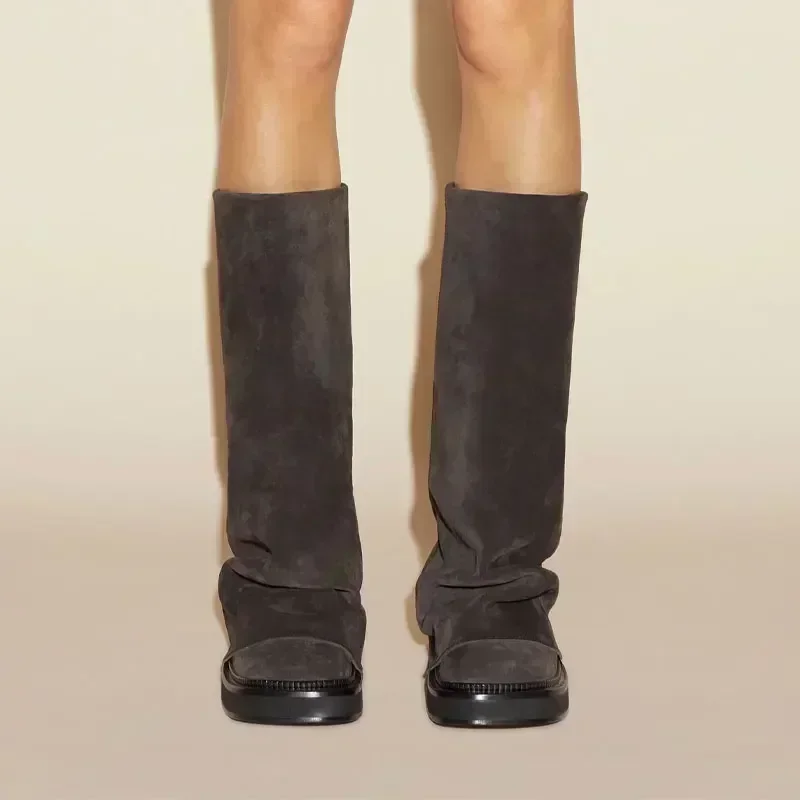 جديد كبير جدار شقة القاع جولة تو كم الركبة عالية مطوي الأحذية النسائية الرجعية فارس الأحذية أحذية للنساء