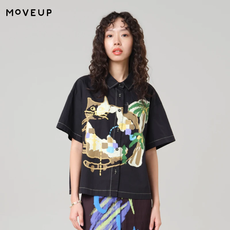 

MOVEUP Short Sleeved Bright Line Shirt 2026 Summer New Pure Cotton Collar Print Cross Over Back Hem Shirt For Women 3ELX20424
