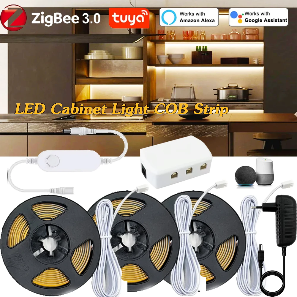 Zigbee3.0 Under LED Cabinet Lamp DC12V COB LED Strip Light Dimmable Kitchen Shelf Pantry Showcase Bedroom Closet Backlight Lamp