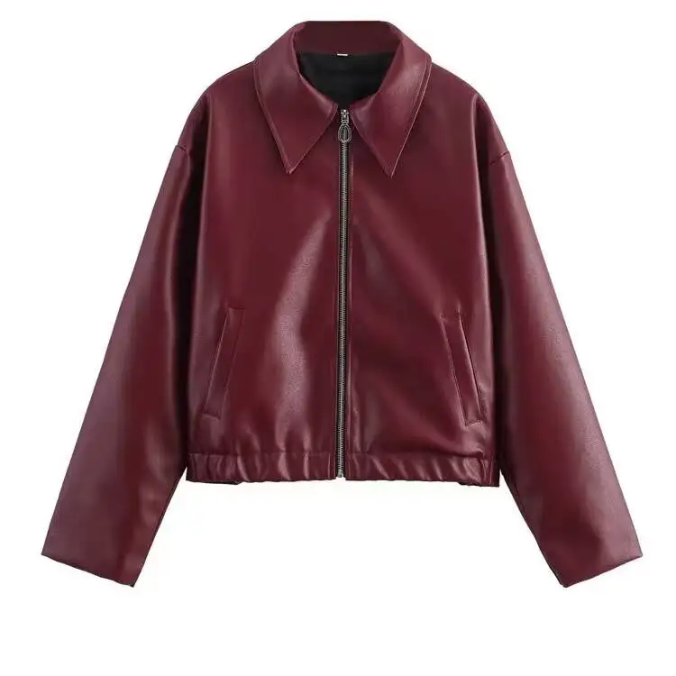 Chaqueta de Cuero de Diseño de Moda para Mujer JNLEAOG, Bloques de Color, Estilo Otoñal, Chaqueta Corta para Mujer, Color Pur...
