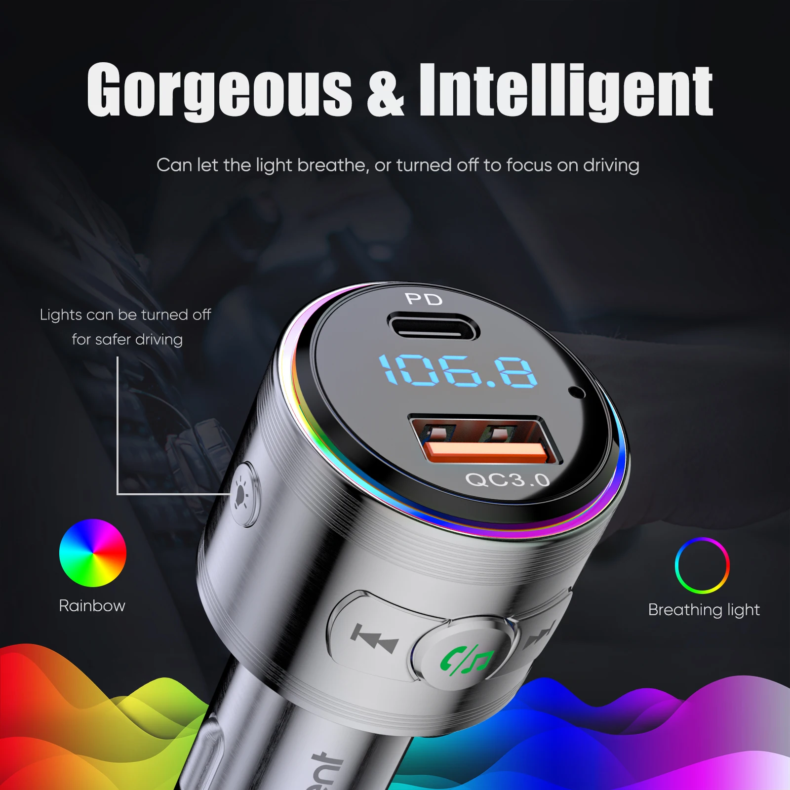 LENCENT Bluetooth 5.3 FM Transmitter Full Metal Bluetooth Car Adapter with PD 20W & QC3.0 Fast Charger Hi-Fi Music Adapter