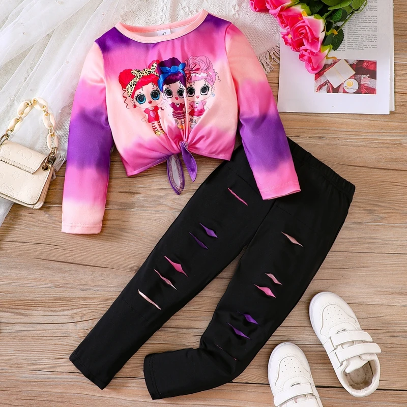 Girls  Long Sleeved Colorful Cartoon Top  Perforated Pants Fashionable Surprise Trendy