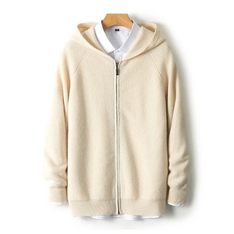 Men Wool Sweater Hooded Zipper Cardigan Autumn Winter Thick Knit Casual Hoodie Jacket Long Sleeved Sweatshirt Coat
