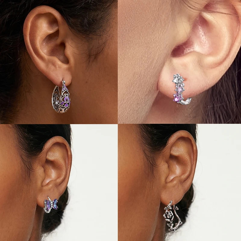 925 Sterling Silber Creolen Schmetterling Regenbogen Blume Tulpe Iris Lila Hängeohrringe Schmuck Geschenk für Frauen Mädchen – Detail 4