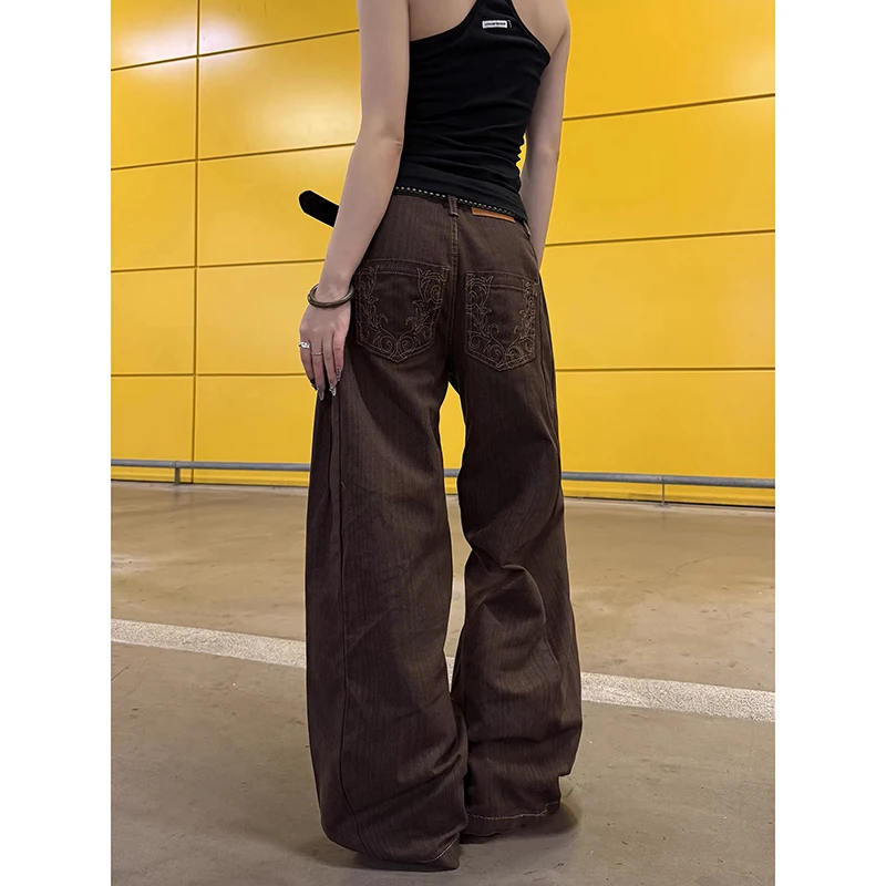 

Женские коричневые джинсы Y2k с вышивкой, осенние винтажные мешковатые джинсовые брюки в стиле Харадзюку, эстетический стиль 2000-х годов, джинсы большого размера, брюки