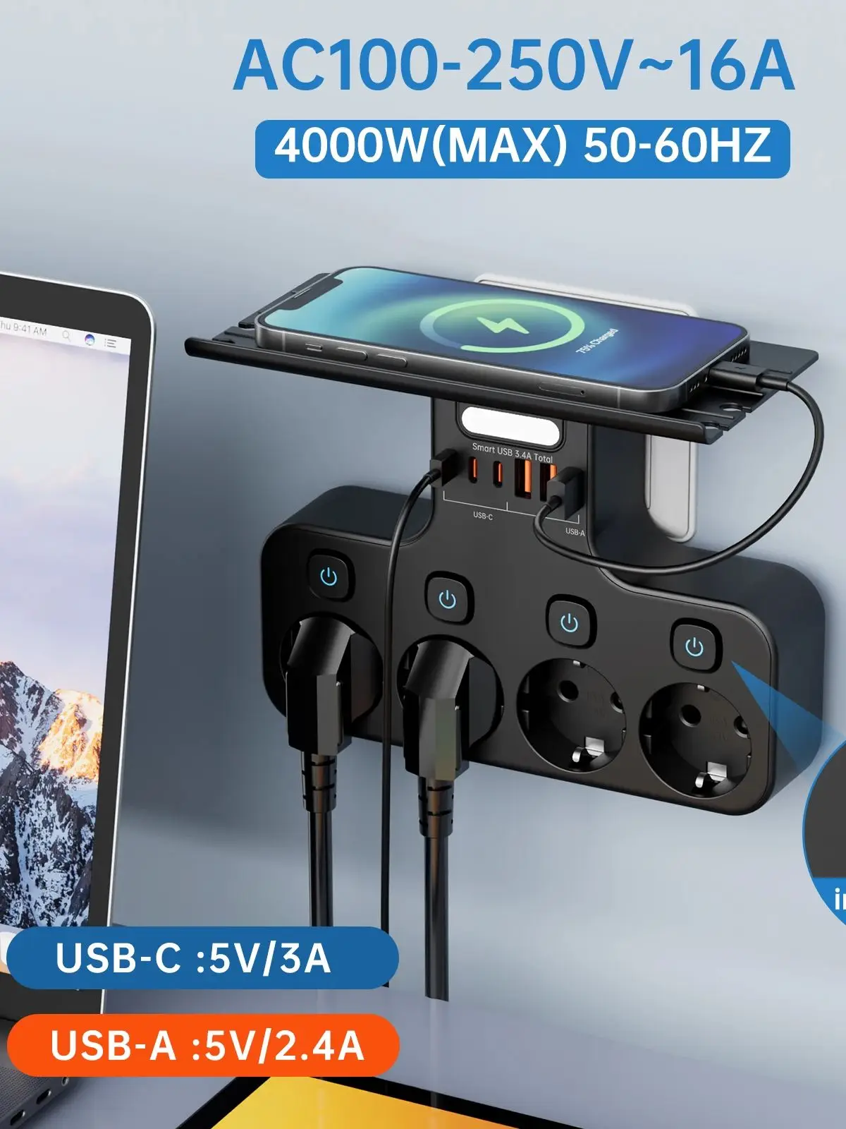 Listwa zasilająca 4000W z wtyczką EU, wielofunkcyjne gniazdo, inteligentna lampka nocna, niezależne wyłączniki, gniazdo standardowe europejskie z portami USB C. — zdjęcie 2