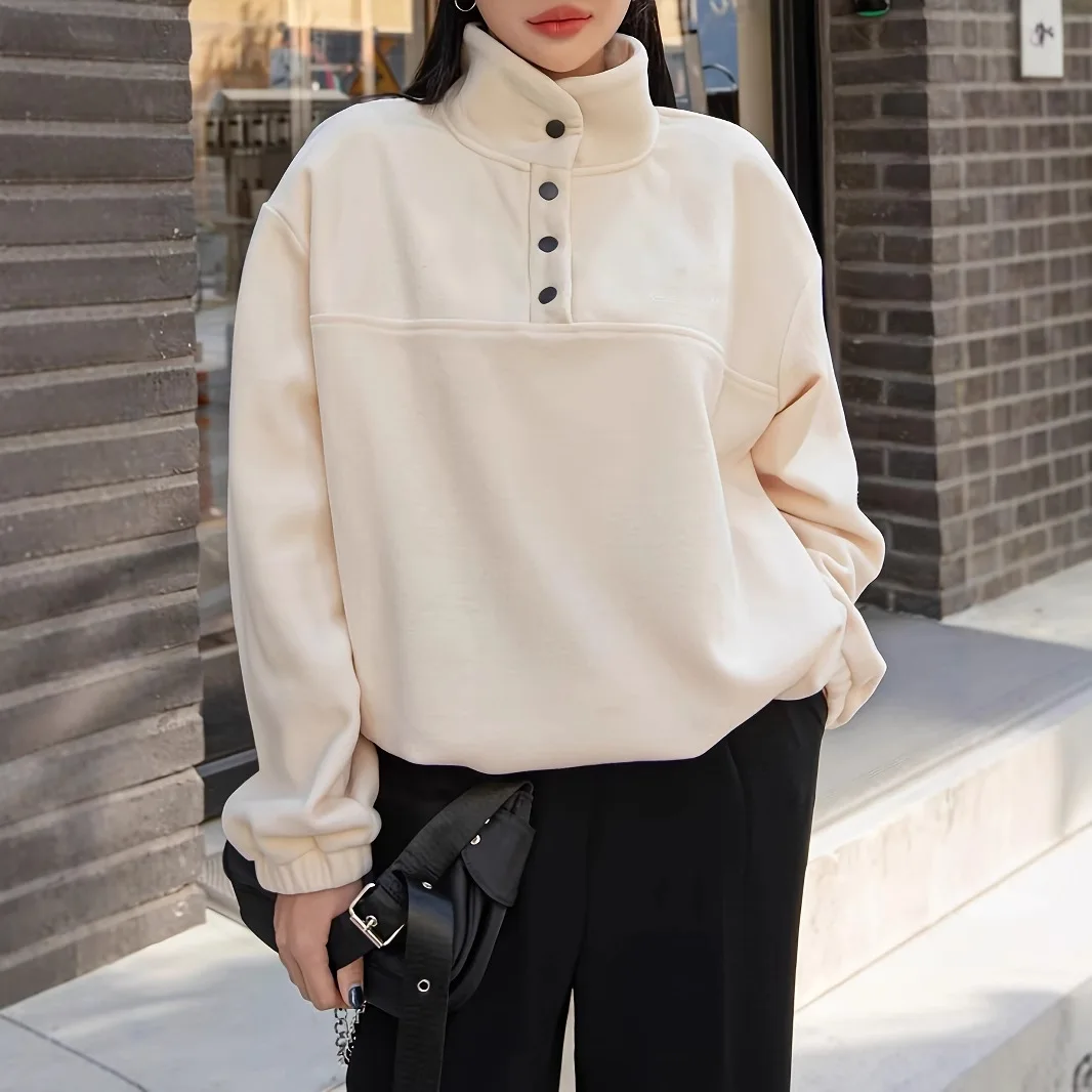 Herbst und Winter neuer Hoodie einfarbig Modetrend Pullover Stehkragen Knopf lockerer lässiger Hoodie