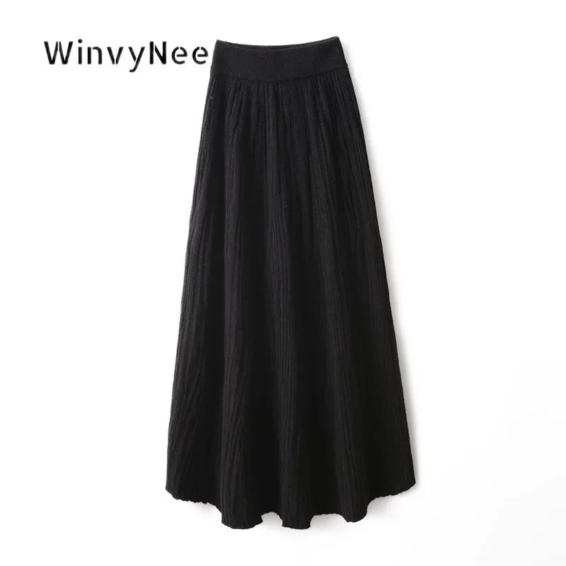 WinvyNee Women A‑Line Knit Midi Skirt Warm 100% Wool Vertical Texture Flow Stretch Refined Autumn Winter Casual Garment E1853016