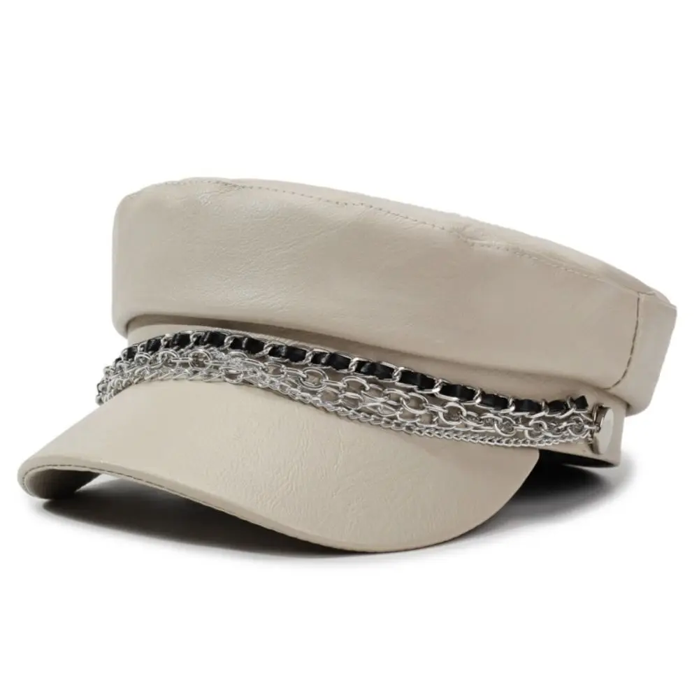 Vintage PU Leather Newsboy Cap Silver Chain Decor Short Brim Beret Hat Casual Adjustable Octagonal Beret Cap For Women