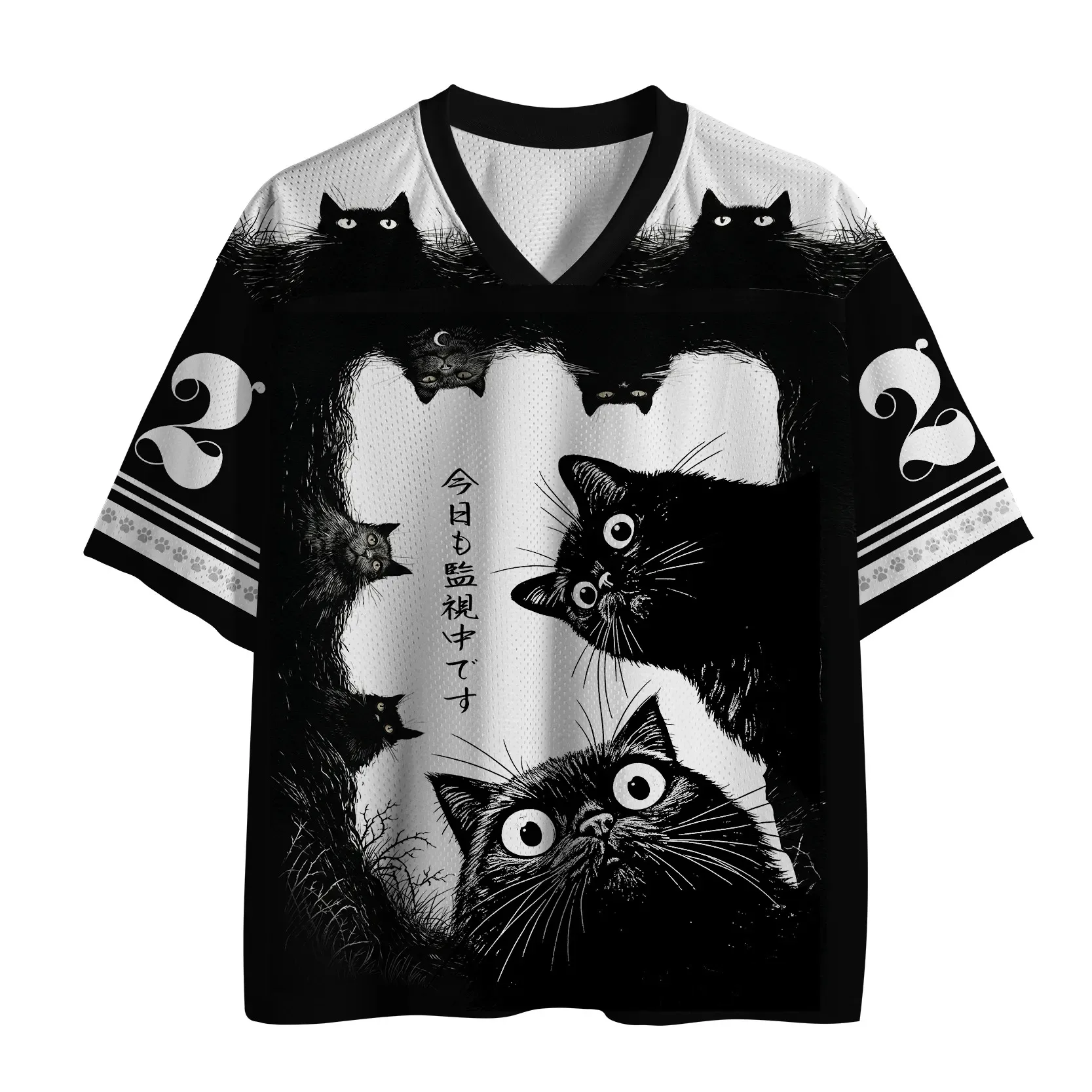 Japanese-style Black Cat Graphic T-shirt—Gothic Ink-wash Style V-neck Tee; Casual Streetwear Shirt Featuring Playful Cat Design.