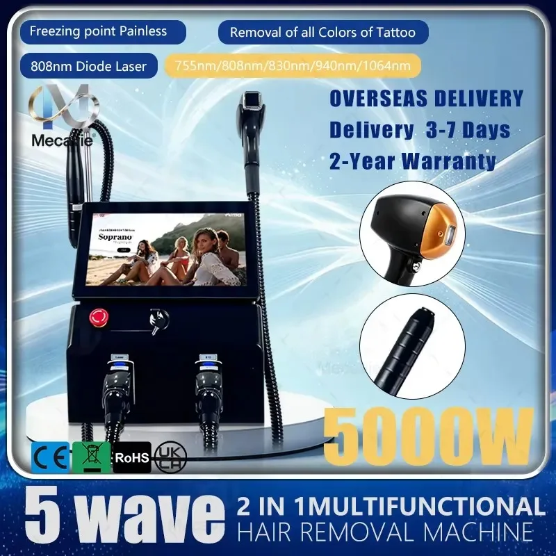 NEW Portable 2026 2-in-1 Machine 5000W Painless 5 Waves 755nm/808nm/940nm/1064nm for Home & Commercial Use