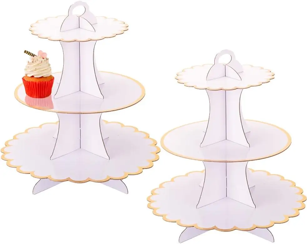 White Tiered Cupcake Stand 2 Pack, 3 Tier Serving Tray for Party Decor, Cup Cake Tower Holder for 24 Cupcakes, Dessert Holder