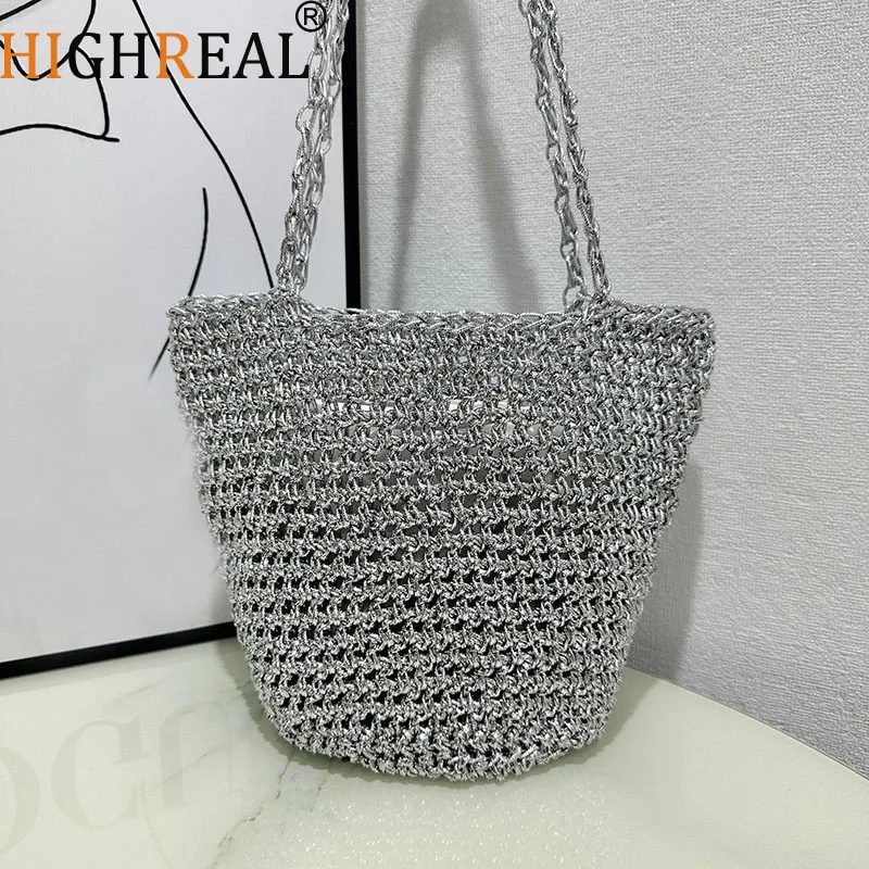 

Hollow Silver Bucket Bag Tote Metal Texture Woven Shoulder Bags for Women Handmade Crochet Knitting Handbag Shopper Tote Hobos
