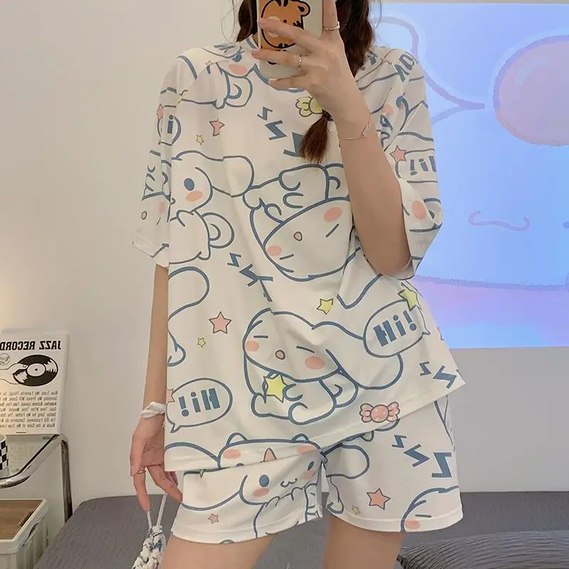 Kawaii Sanrio Anime Cinnamoroll Kuromi Pajamas Summer Simple Fashion Delicate Cute Casual Loose Comfortable Soft Girly Set Gift