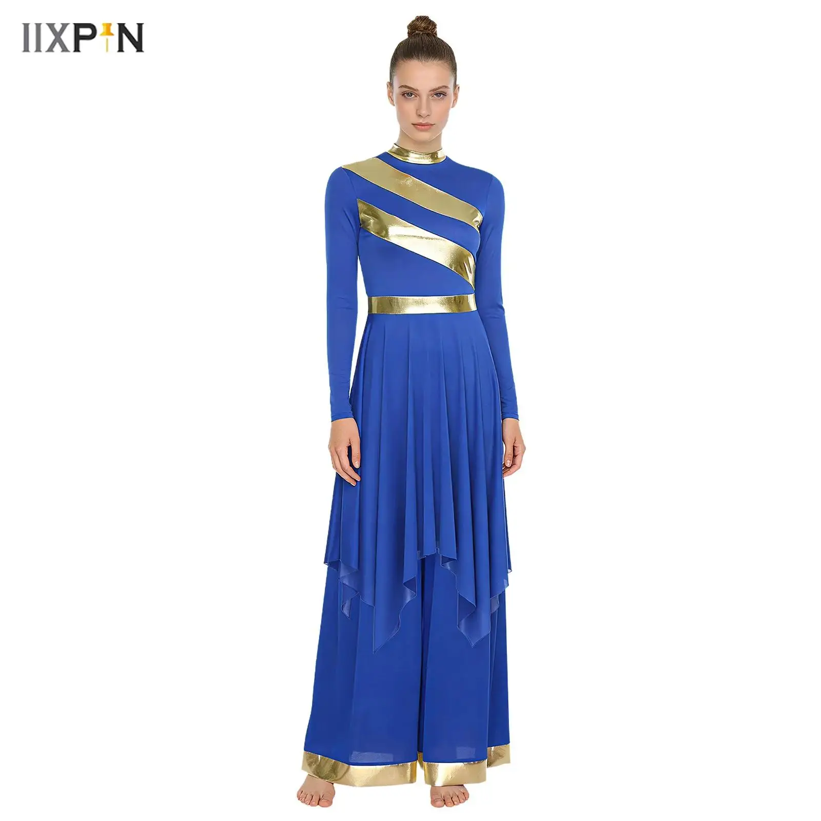 

Womens Worship Praise Dance Outfit Long Sleeve Irregular Hem Tunic Dress+Wide Leg Pants 2-piece Liturgical Lyrical Dance Costume
