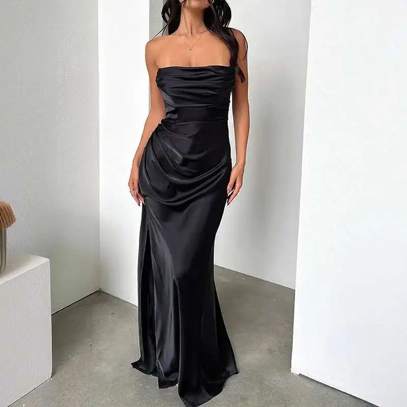 Elegant High Waist Draped Party Ladies Temperament Strapless Slim Long 2025 Summer Simple Solid Split Evening Dress
