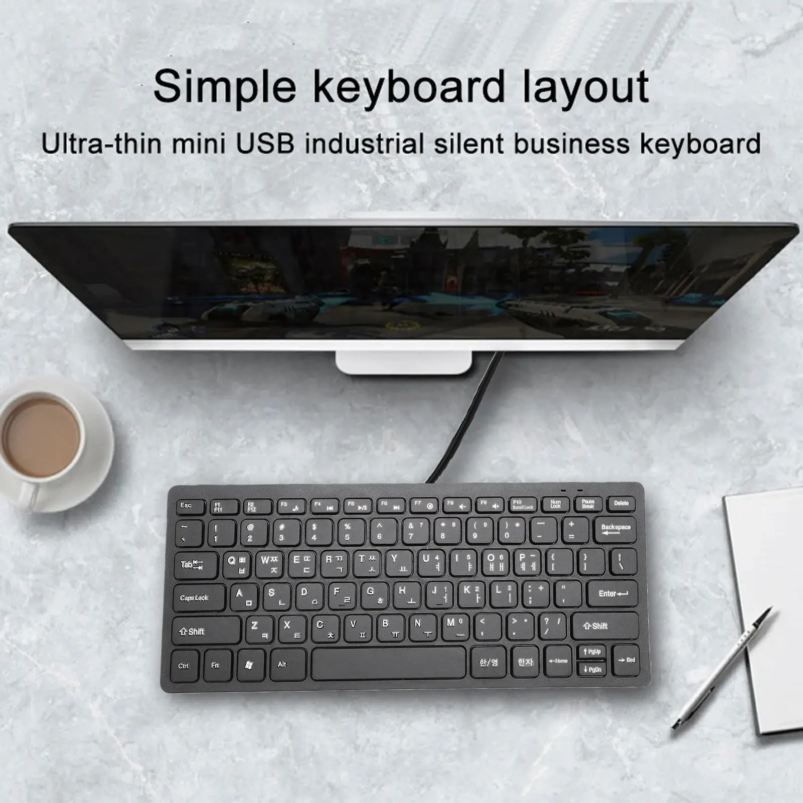 Slim Korean Keyboard Wired Korean Keyboard 78 Keys Spill Proof USB Plug and Play Slim Lightweight Keyboard for PC Laptop