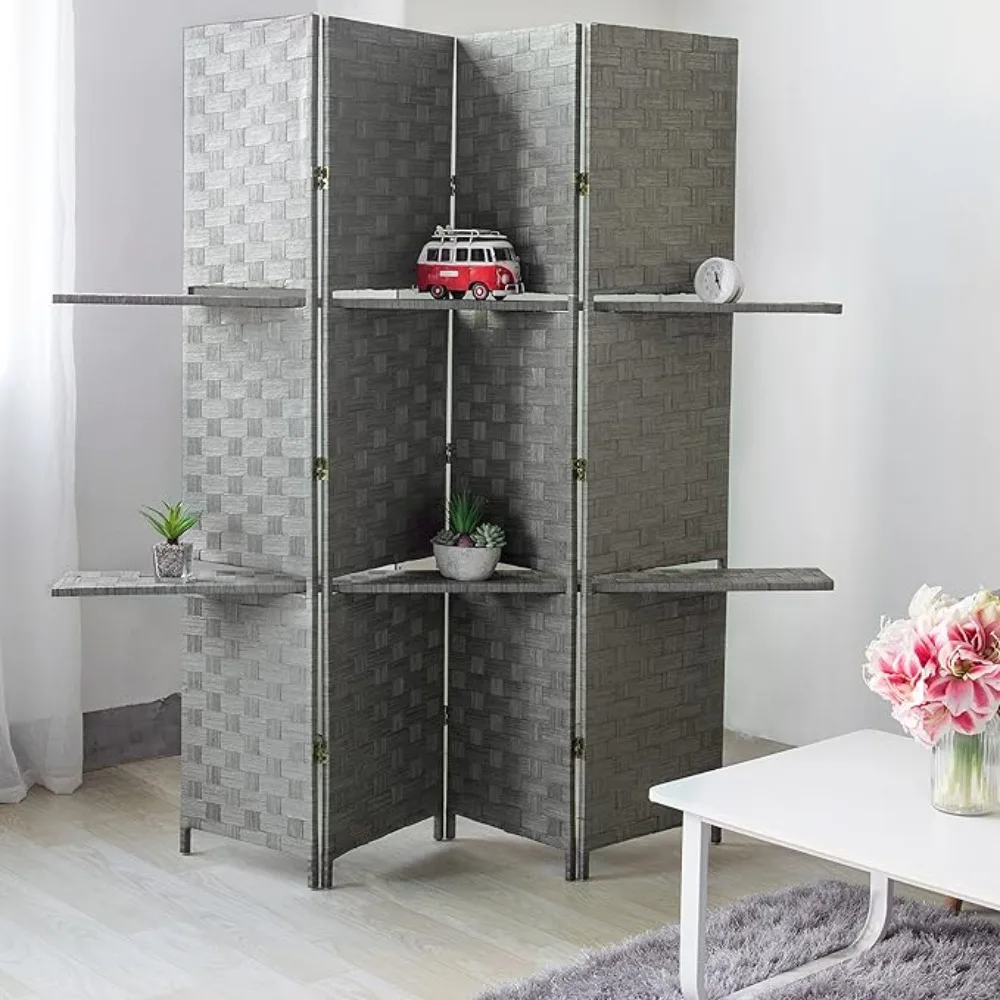 Decorative Hand Woven Bamboo 4-Panel Room Divider with 2 Tier Display Shelves & 2-Way Hinges, Gray