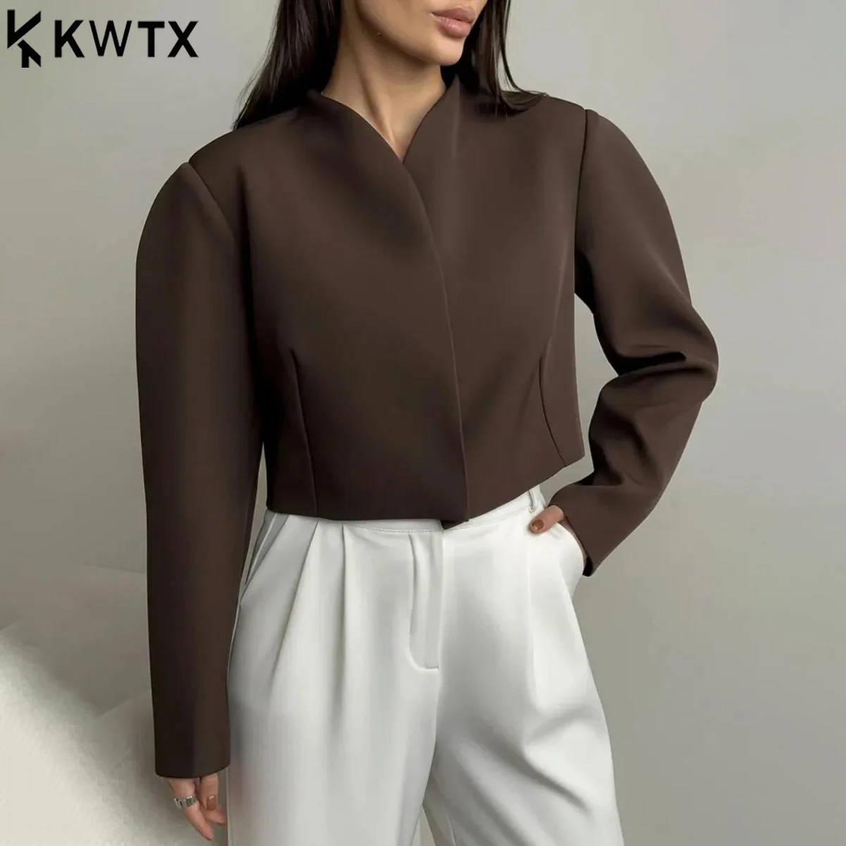 

KWTX 2026 Trendy Black Collarless Cropped Blazer for Women, Puff Shoulder Structured Short Jacket, Elegant Office & Streetwear