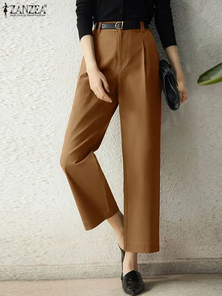 

ZANZEA Female Fashion Retro Causal Elegant Work Trousers Autumn Women Pant Capris Ankle Length Solid Color Side Pockets Pantalon