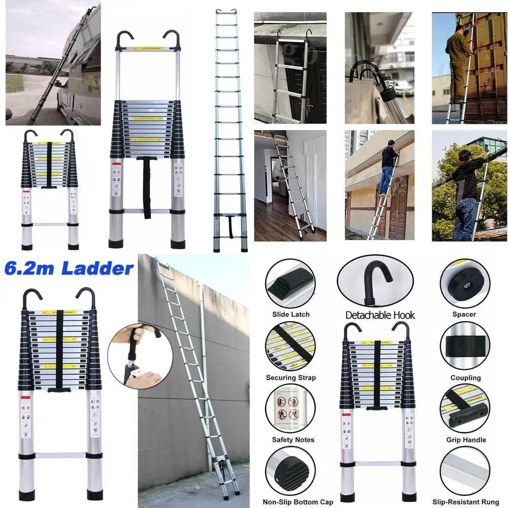 Escalera telescópica de aluminio de 20 pies con ganchos desmontables y diseño plegable, se extiende hasta 24 pies completamente abierta