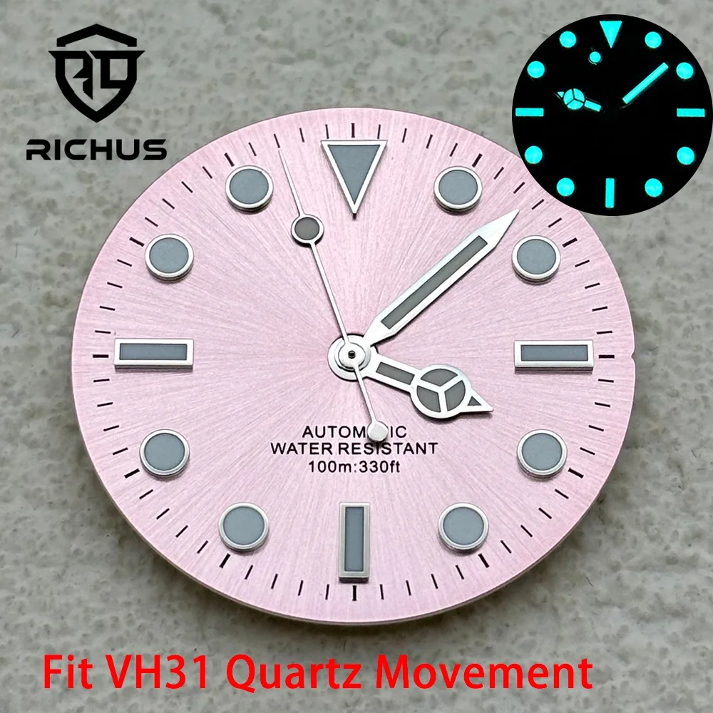 RICHUS 29mm Blau-Grün Leuchtendes Zifferblatt für VH31 Quarz-Uhrwerk Ersatzteile mit Zeigersatz
