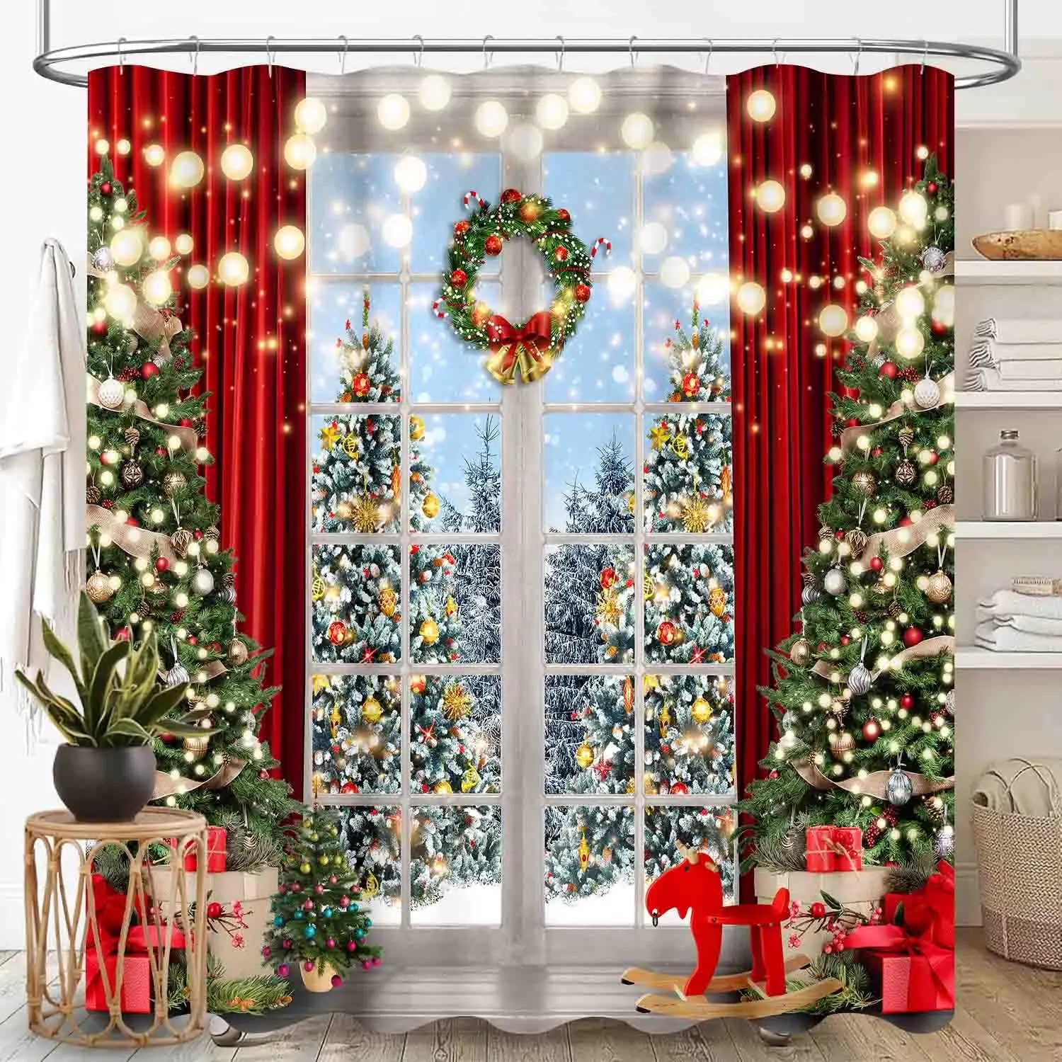 

Christmas Tree Shower Curtain,Xmas New Year Winter Snow Forest Merry Christmas Tree Shaped Party Decor Waterproof FabricBathroom
