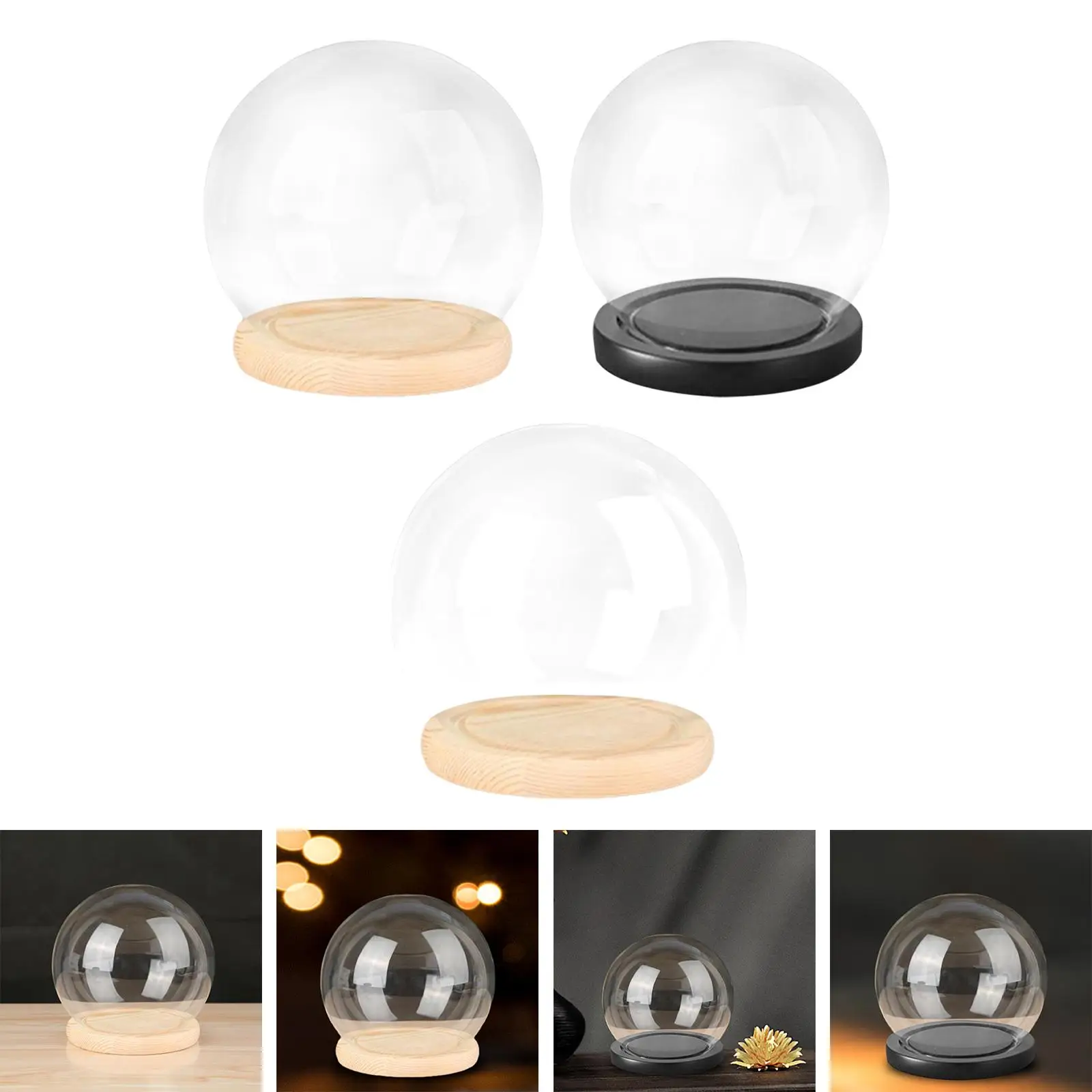 Display Dome with Wooden Base Tabletop Display Case Display Jar Case Dollhouse Decoration Transparent Dome Cloche Glass Dome