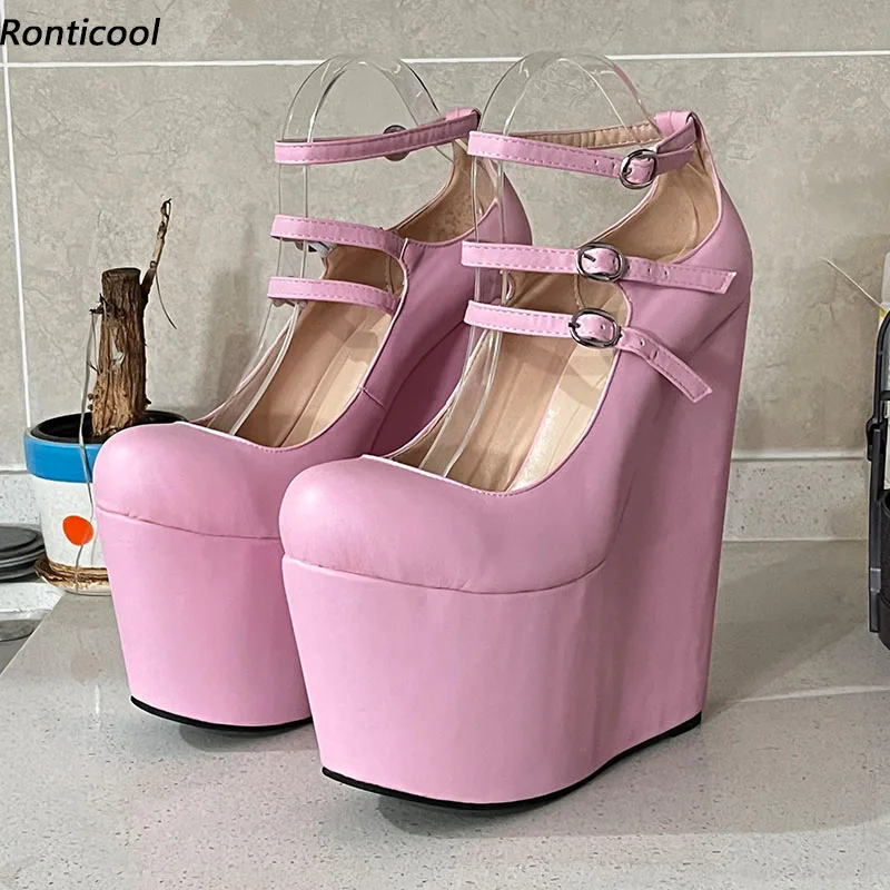 

Ronticool Real Photos Women Pumps Buckle Strap Sexy Wedges Heels Round Toe Gorgeous Pink Party Shoes Ladies US Plus Size 5-15
