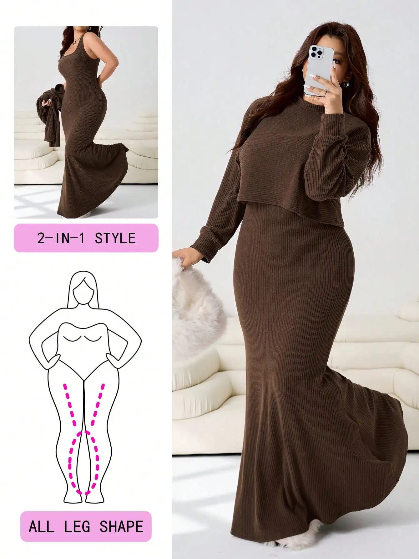 

Plus Size 2-Piece Ribbed Knit Set: Long Sleeve Cropped Top & Sleeveless Maxi Dress