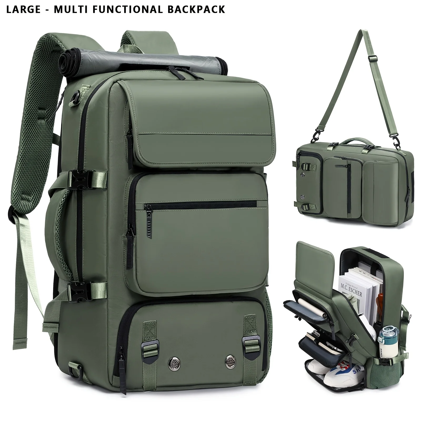 حقيبة ظهر للمشي لمسافات طويلة بسعة كبيرة للرجال والنساء، أشرطة قابلة للتعديل، مع حجرة للأحذية، مناسبة لحقيبة كتب أجهزة الكمبيوتر المحمولة مقاس 16 بوصة