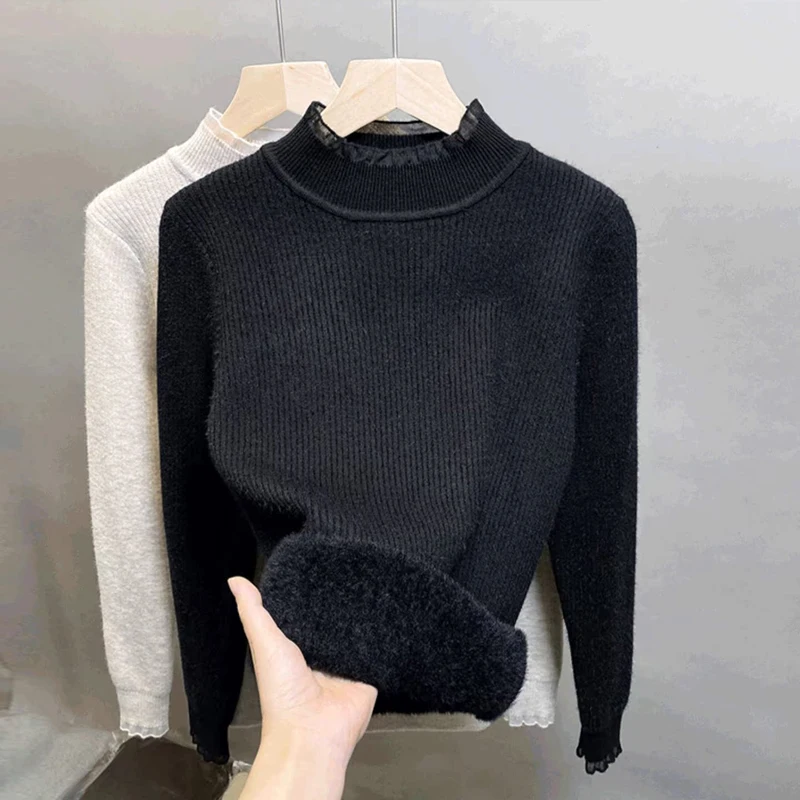 أنيقة عادية وهمية الرقبة قاعدة سترة شتاء دافئ المرأة طويلة الأكمام محبوك بلوفر ملون الخريف موضة تريكو 15