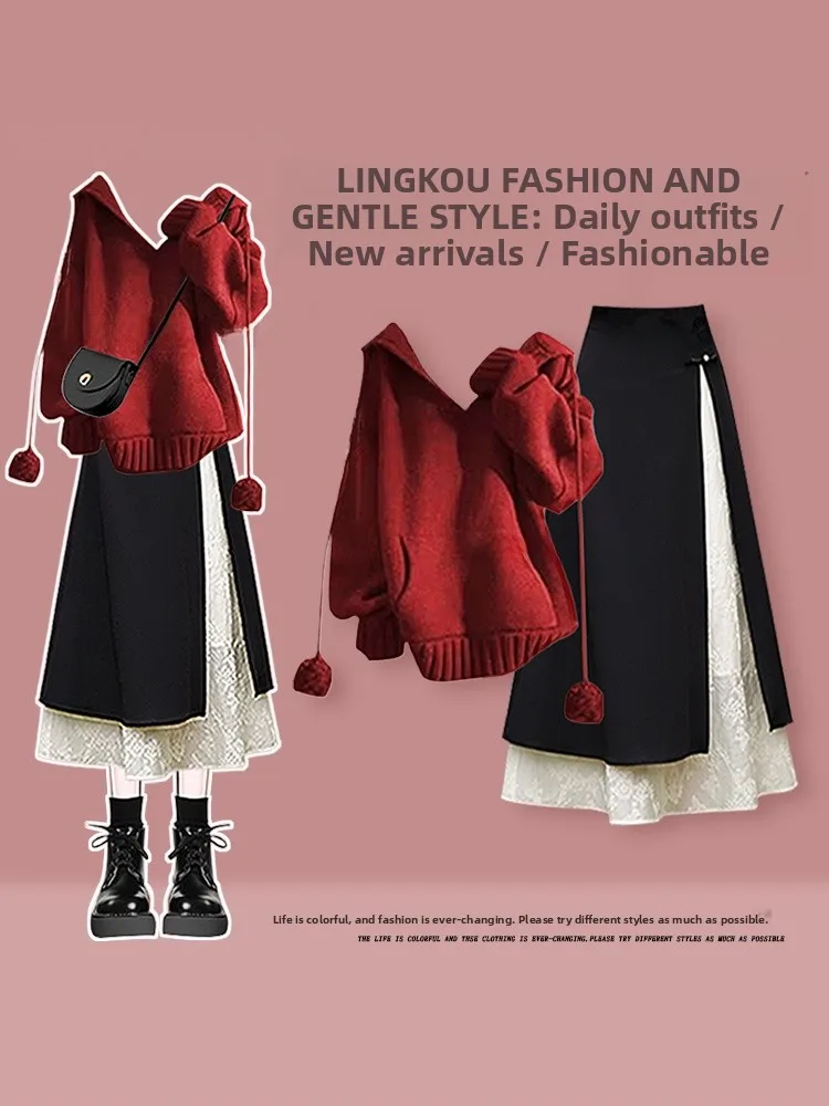 

plus Size Autumn Winter Casual Set Women's Cisas Red Versatile Knitted Sweater with Splicing Slimming Skirt Two Piec...