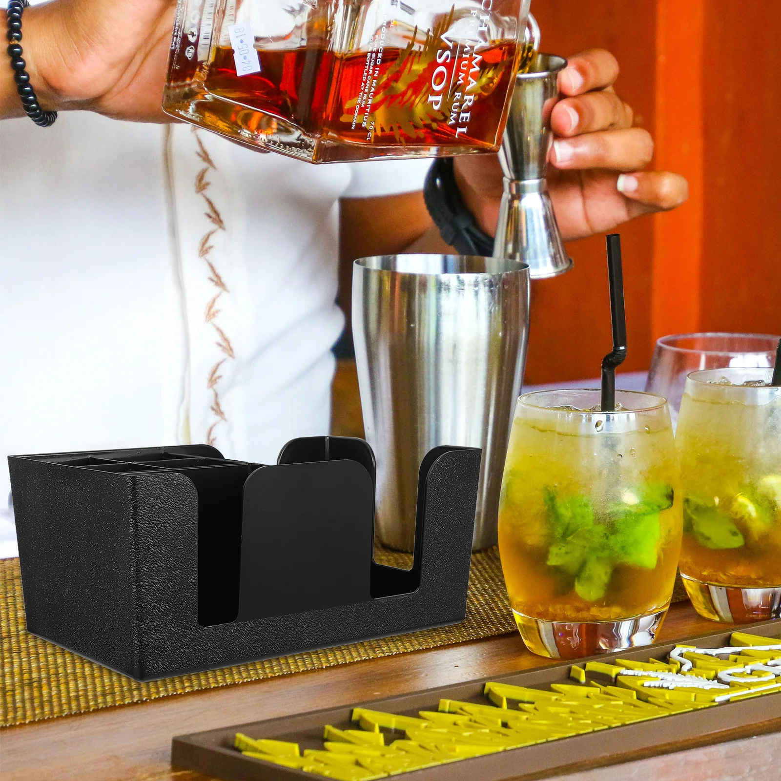 

Tea Shop Counter Organizer Multi-Use Tissue Napkin Straw Holder Box with Compartments for Coffee Tea Station Storage