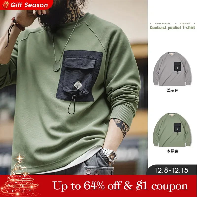 Maden Work Mountain System Color Collision Pocket Long-sleeved T-shirt Splicing Functional Wind Loose Round Neck Knitted