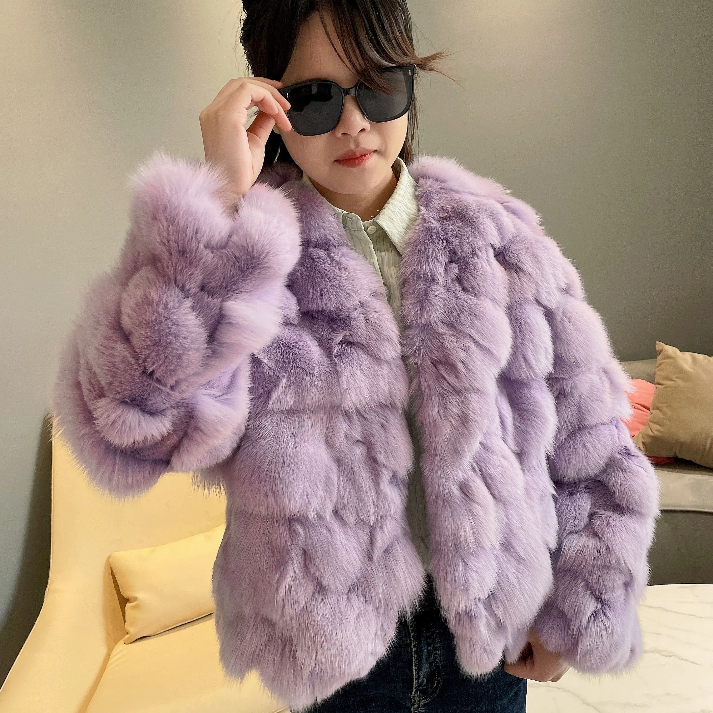 Women V-neck Fox Fur Coat  Winter Long Sleeve Natural Luxury Jackets Thick Top