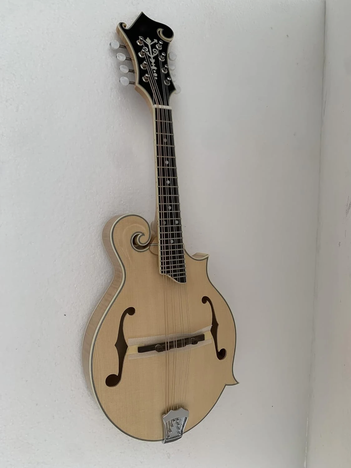 

Custom Hand Carved F style Mandolin, Solid Spruce Top, Solid Flame Maple Back, Chrome Colored Accessories, Accept Mandolin Banjo
