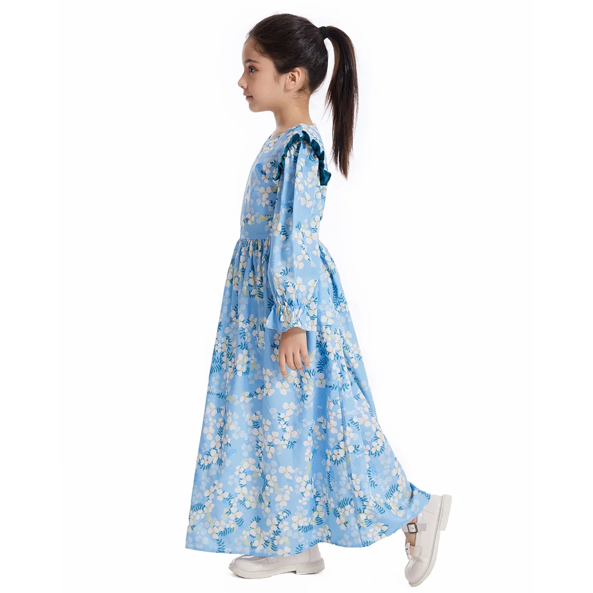 Floral Printed Abaya for Kids, Long Sleeve Kaftan Gown, Arab Prayer Robe for Girls, Islamic Ramadan, Turkish Clothing