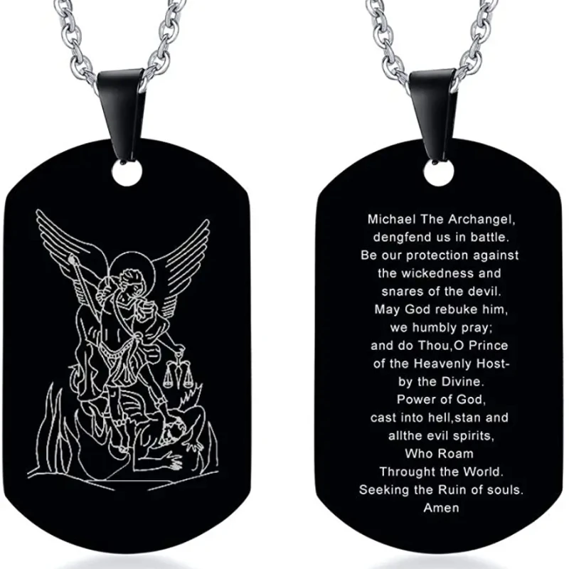 Stainless Steel St Michael The Archangel English/Latin Prayer Dog Tag Necklace Military Pendant for Men Christian Faith Jewelry