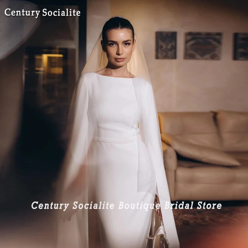 Abito da sposa arabo manica lunga cintura con perline crepe sirena abito da sposa musulmano abiti da sposa civili abiti da sposa personalizzati