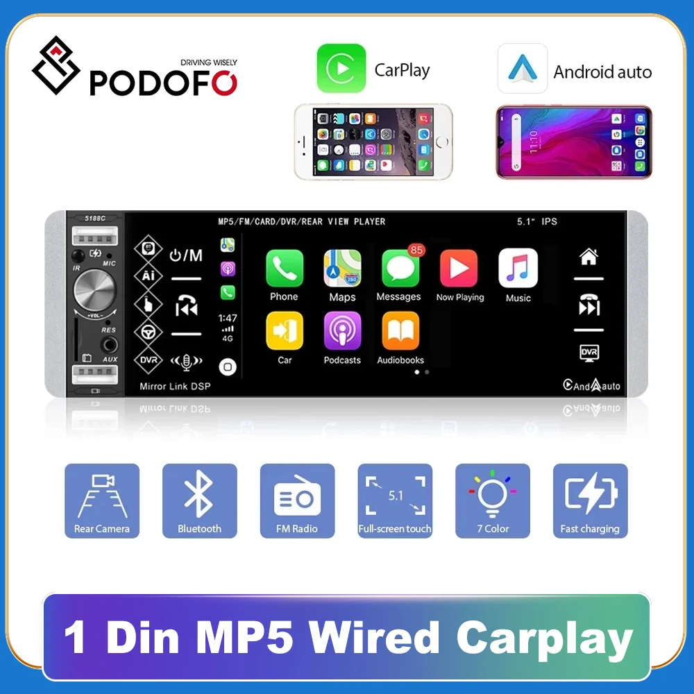 Podofo 1din MP5 Player Touch Car Radio FM 4-USB 5.1 Inches Support Android Mirrorlink Bluetooth Carplay Autoradio DVR