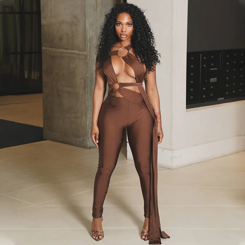 

Sexy Street Style Women's Lace-Up Hollow Metal Ring Jumpsuit Solid Color Skinny Pants Long Jumpsuit