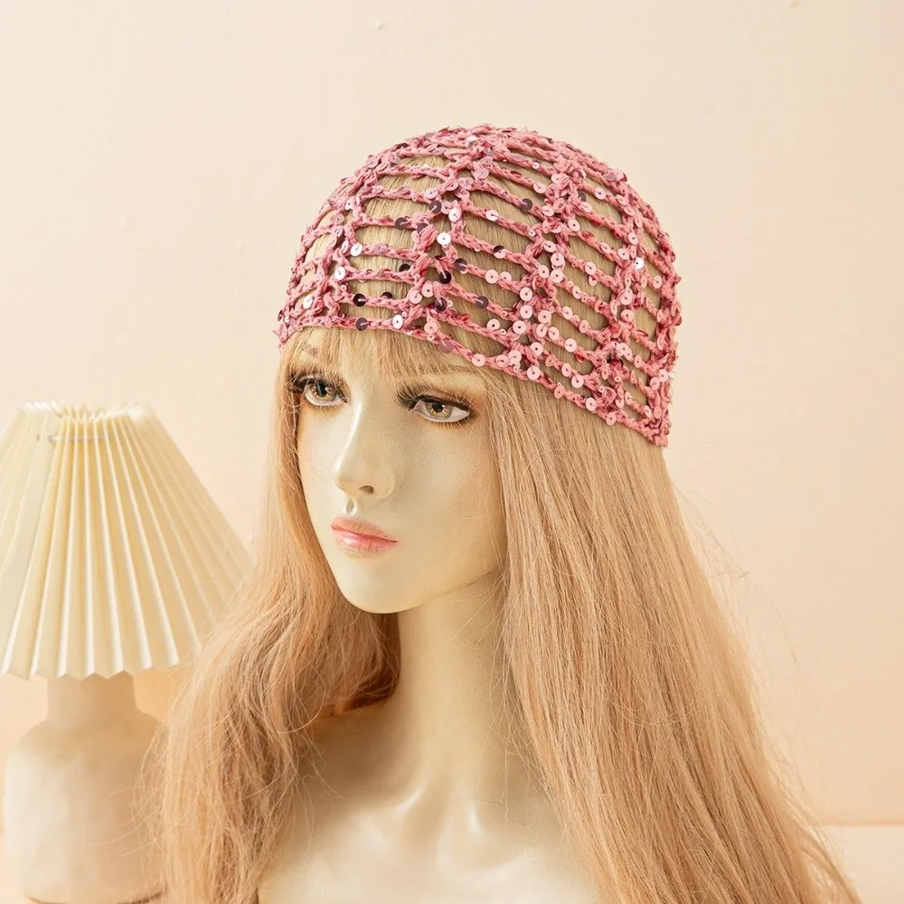 Casual Hollowed Out Sequined Pullover Hats Sequined Design Vintage Style Hollow Knit Beanie Beanie Hat Daily Use