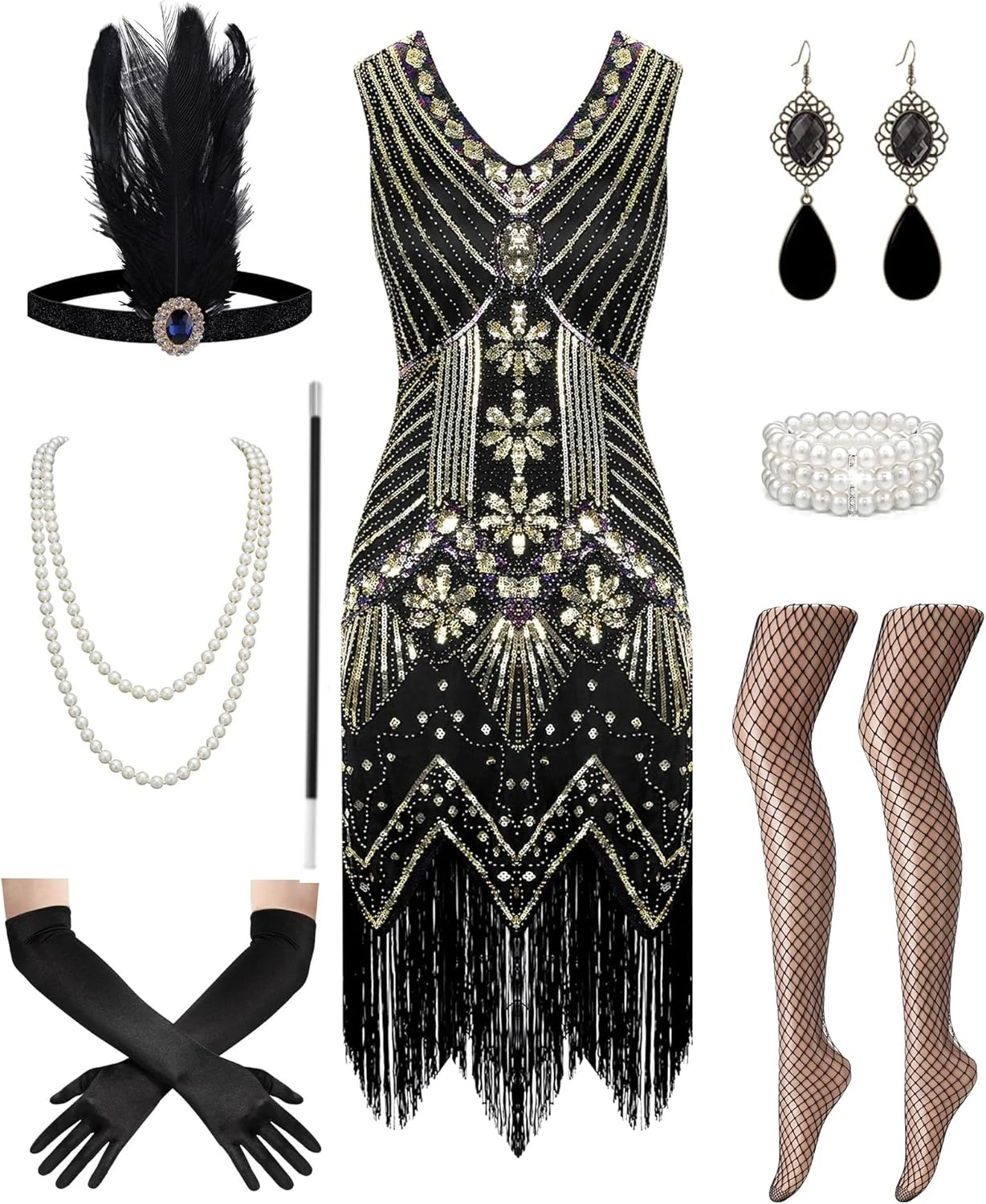 

1920s Great Gatsby Dresses for Women Set, Roaring 20s Flapper Dresses for Women Sequin Fringe Set Costumes Accessories