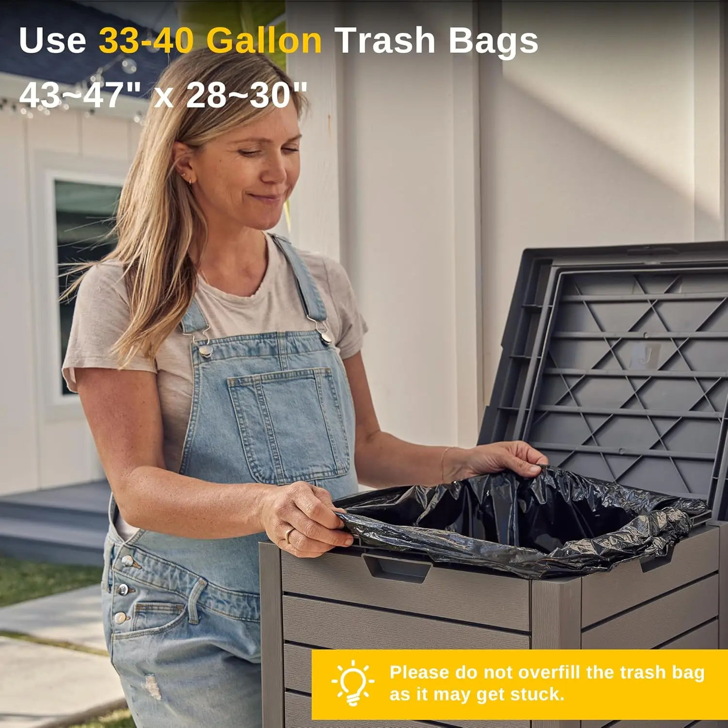 38-Gallonen-Mülleimer für den Außenbereich mit wasserfestem Harz, abgestuftem Deckel und Abtropfschale für Terrasse, Küche, Hinterhof – Grau