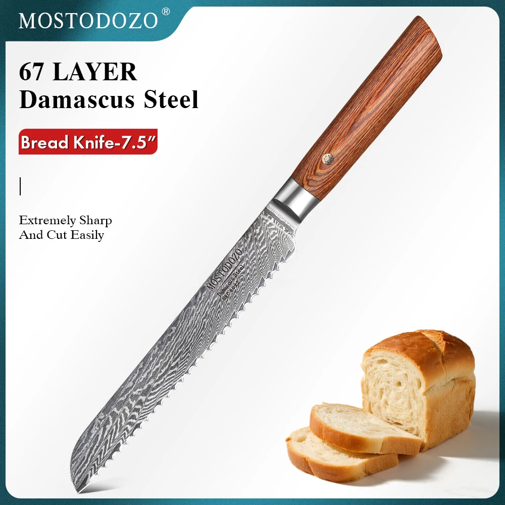 

MOSTODOZO 7.5" Bread Knife 67 Layer Damascus Steel Chef Knives Kitchen Cutting Toast Slicer Professional Serrated Baking Tools