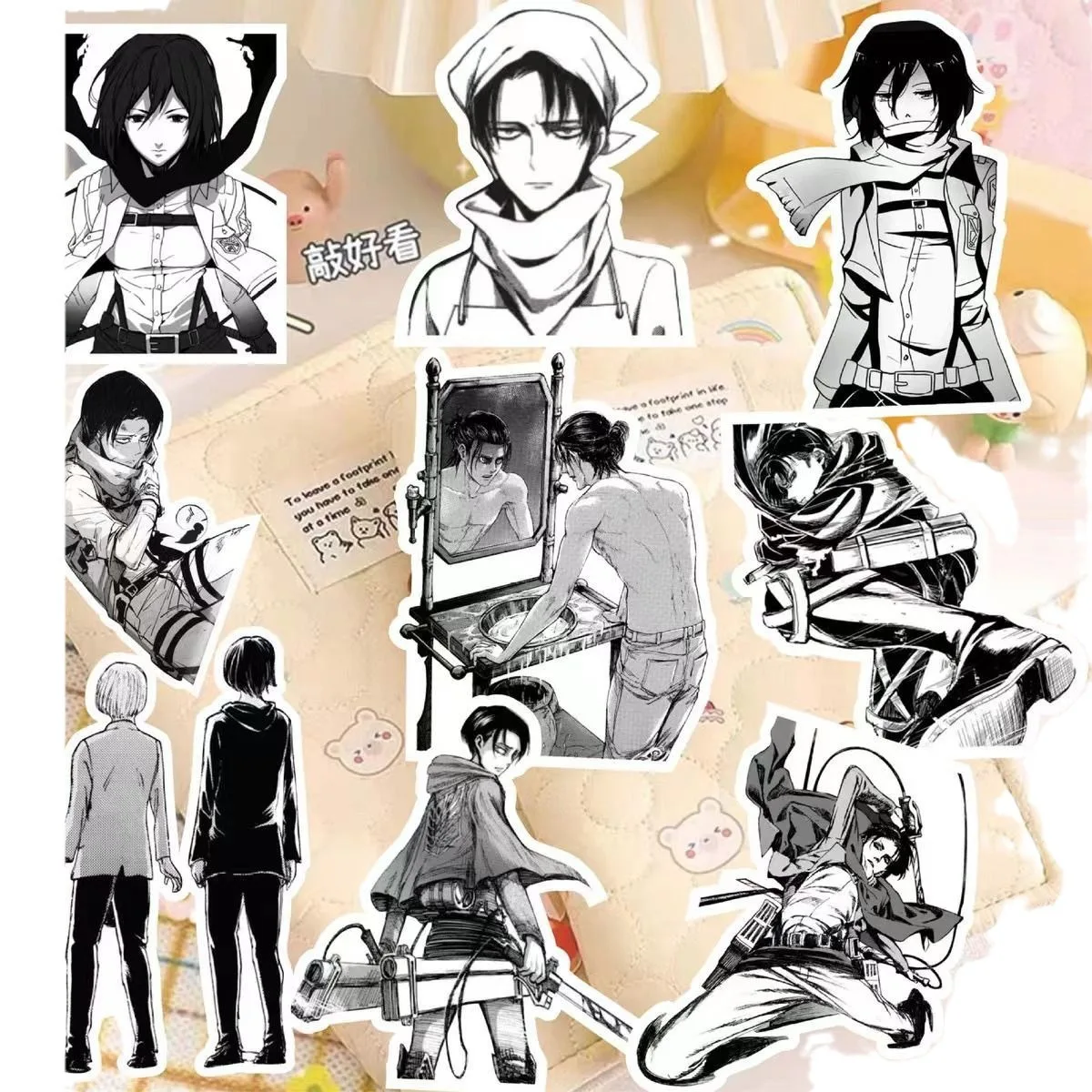 60pcs Attack on Titan Black and White Stickers Mikasa Allen Levi Stickers Notebooks Pinup Picture Decoration For Kids Toy