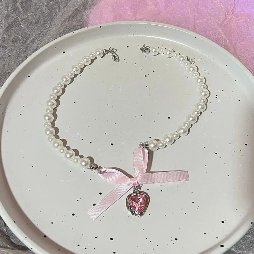 

Pearls Pink Bow Necklace Korean Style Neckchain Bowknot Pendant Choker Jewelry Accessories Zircon Balletcore Choker Wedding