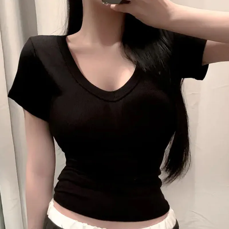 2026 Short Sleeve T-Shirt Women Solid Simple Casual Soft All-Match Basic Crop Tops Tees Summer Fashion Skinny Tops Black White image 5